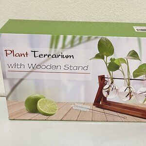 PLANT TERRARIUM 3 BULB/GLASS VASES with WOODEN PLANTER STAND-New